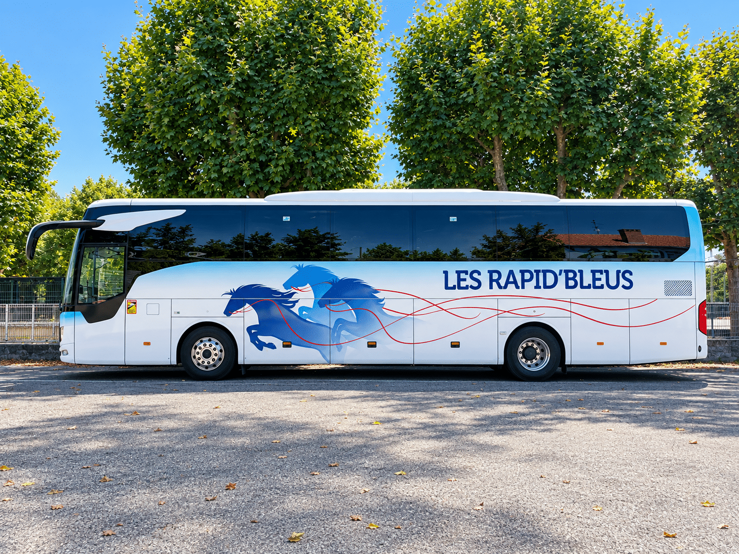 A white coach is decorated with three galloping blue horses and undulating red lines. It is parked on the tarmac beneath leafy trees on a clear day. Text: LES RAPID'BLEUS.